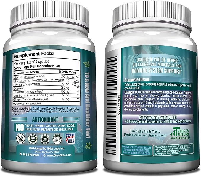 7 in 1 Immune Support Supplement with Vitamin C, Vitamin D3, Zinc 50mg, Quercetin, Echinacea Purpurea, Sambucus Elderberry and Ginger for Complete Immune Defense - 60 Capsules (6 Bottles)
