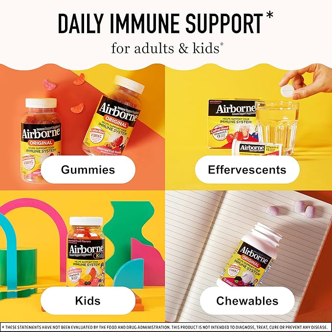Airborne 1000mg Vitamin C Chewable Tablets with Zinc, Immune Support Supplement with Powerful Antioxidants Vitamins A C & E - 96 Chewable Tablets, Very Berry Flavor