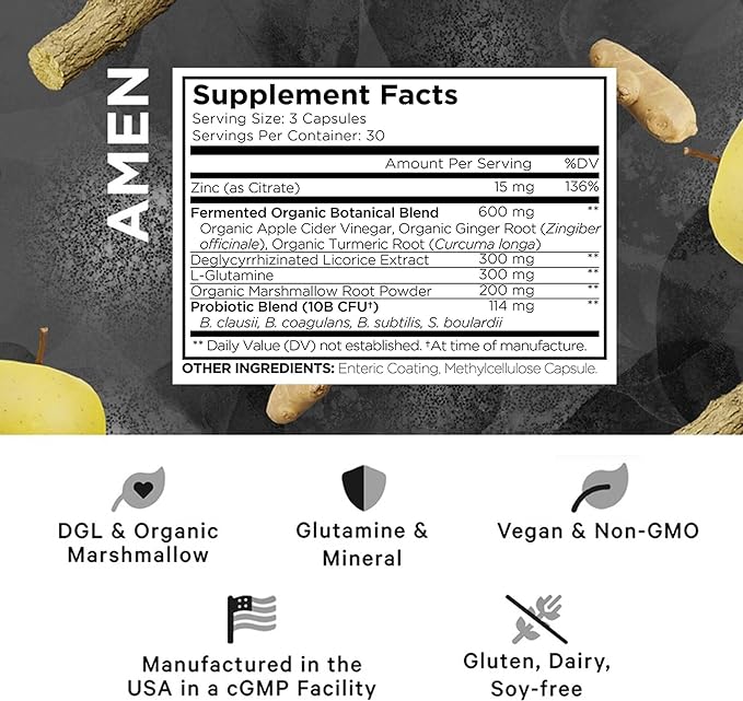 Amen Leaky Gut Supplement - Advanced Formula with Bioavailable L Glutamine, Zinc, Turmeric, DGL Licorice Root - Marshmallow Root - Probiotics & Fermented Prebiotics - Vegan, Non-GMO - 2-Pack