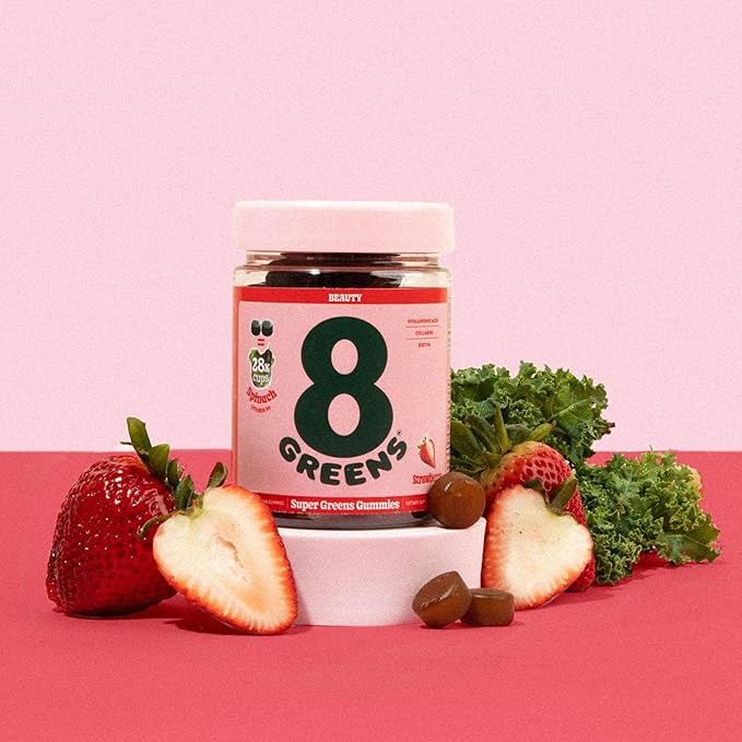 8Greens Supergreens Beauty Gummies with Collagen & Biotin | Super Greens Powder Superfood Gummy for Healthy Skin, Hair, Nails, Glow, and Firmness, Superfood Booster, Strawberry Flavored, 300 Count