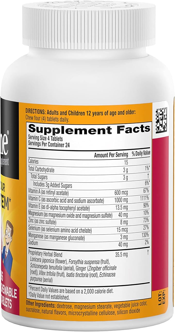 Airborne 1000mg Vitamin C Chewable Tablets with Zinc, Immune Support Supplement with Powerful Antioxidants Vitamins A C & E - 96 Chewable Tablets, Very Berry Flavor
