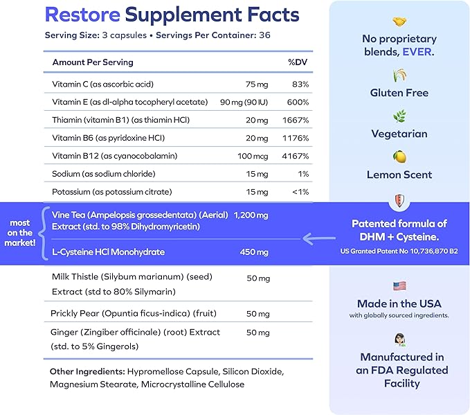 Cheers Restore | Supplement with DHM + L-Cysteine | Feel Better After Drinking & Support Your Liver | 36 Doses | Dihydromyricetin, Cysteine, Prickly Pear, B-Vitamins, Ginger