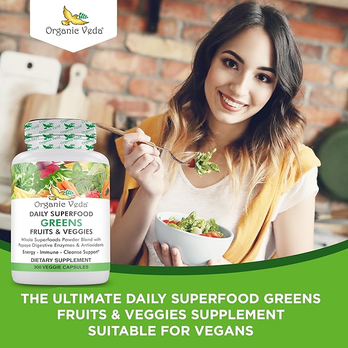 Organic Veda Superfood Greens Fruits & Vegetables 300 Capsules | 30 Daily Organic Fruits & Veggies with Chlorophyll, Papaya Enzymes, Acerola Vitamin C, Turmeric, Beet, Moringa, Green Tea Extract