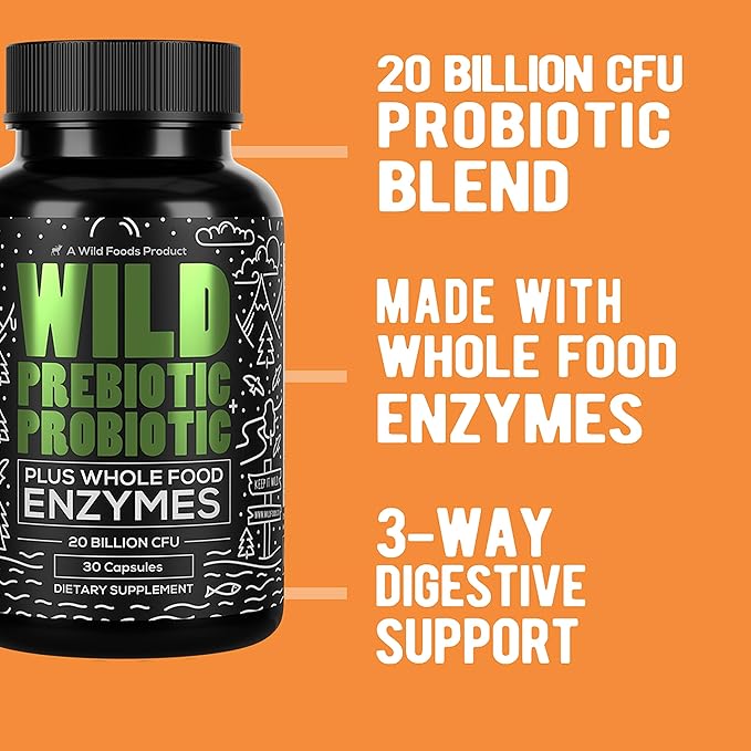 Wild Prebiotics and Probiotics with Digestive Enzymes | 20 Billion CFU - 10 Strains for Women & Men | Support Gut Health & Digestion Supplements | Non-GMO Prebiotic Fiber | 30 Capsules