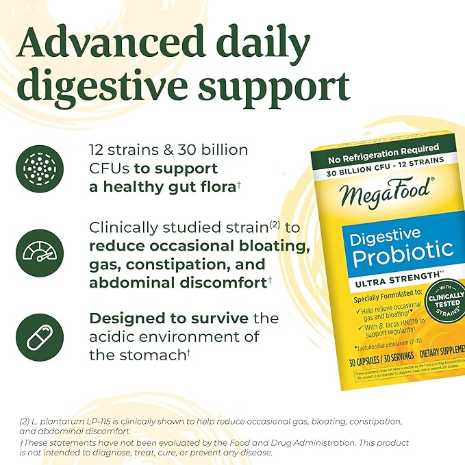 MegaFood Digestive Probiotic - 12 Strain Vegetarian Probiotics for Women & Men, 30 Billion CFUs, Support Gut Health, Probiotics for Digestive Health Help Relieve Occasional Gas & Bloating, 30 Capsules