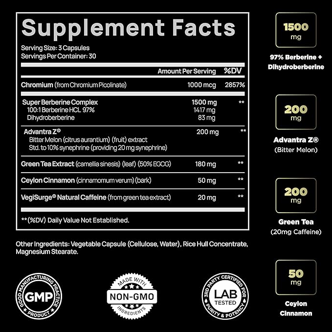 141,500mg Berberine GLP-1 Weight Loss Supplement + Dihydroberberine, Ceylon Cinnamon, Chromium Picolinate 1000mcg, Bitter Melon - 100x Strength Berberine 1500mg Appetite Suppressant Pills for Women