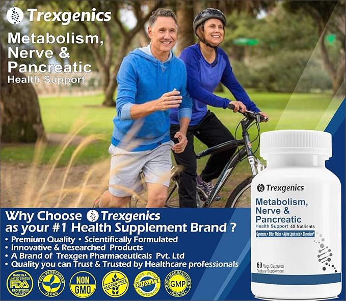Trexgenics Metabolism Support with GYMNEMA 75% Gymnenic Acid 150 mg, Bitter Melon 5% Bitters 150 mg, Chromium & Alpha LIPOIC ACID150mg(60 Vegan Capsules) (Pack of 1)
