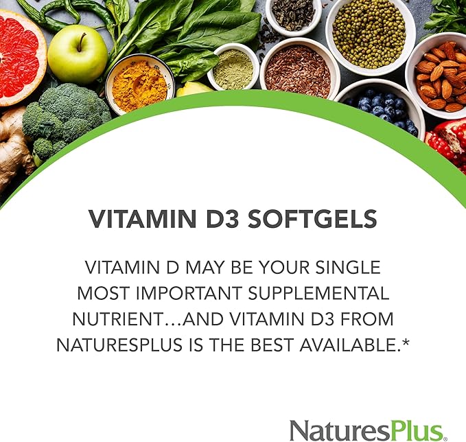 Natures Plus Vitamin D3 (Cholecalciferol) - 5000 iu, 60 Softgels - Bone Health, Heart Health & Immune System Support Supplement, Bioavailable Active Form - Gluten-Free - 60 Servings