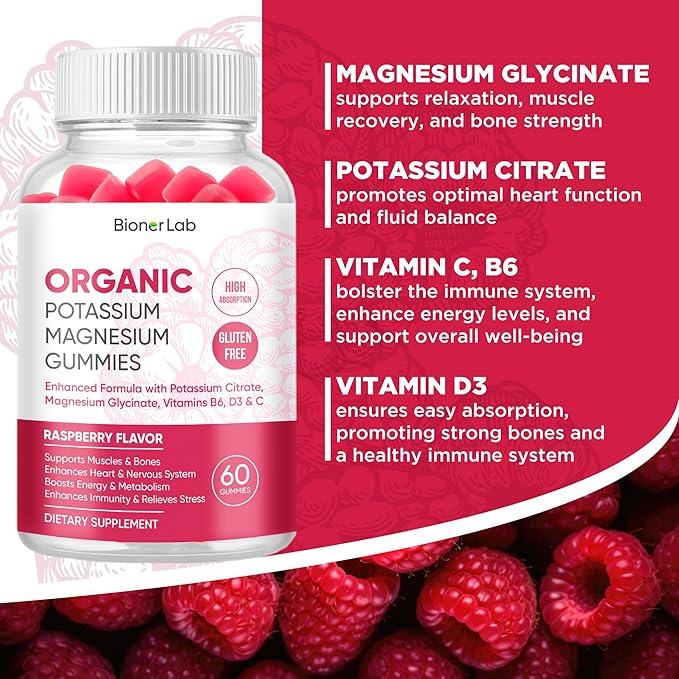 Potassium Magnesium Gummies with Vitamin D3 B6 C - High Absorption Potassium 99mg Magnesium Glycinate 250mg Chewable Supplements for Women Men Adults Kids