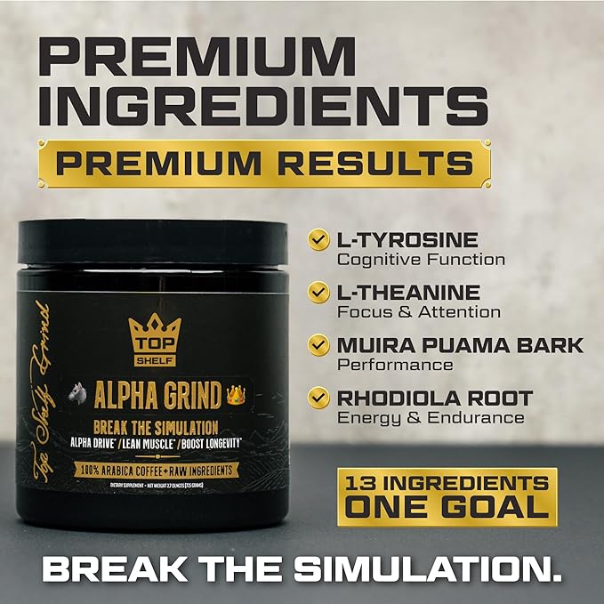 Alpha Grind β Instant Maca Coffee for Men + Natural Energy + Brain Nootropic for Ageless Clarity, Focus | Lean Muscle Building Growth & Size, 30SV