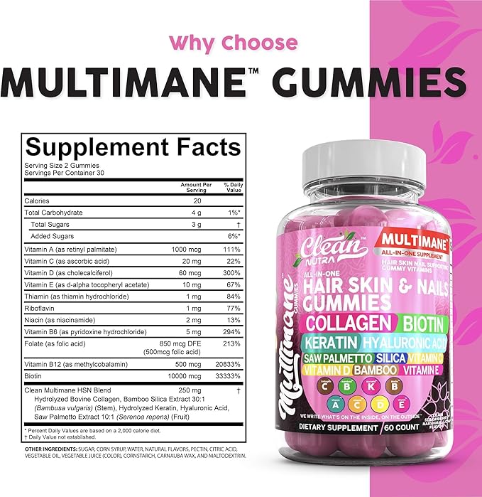 Biotin Collagen Keratin Gummies | Hair Skin and Nails Vitamins for Women | Hyaluronic Acid Bamboo Vitamin A C D3 E Folate With Saw Palmetto Silica B3 B12 Vegan Gummy By Clean Nutra