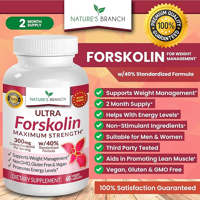100% Ultra Pure Forskolin for Weight Management Maximum Strength | Coleus Forskohlii Root Extract Powder, 40% Standardized Lean Supplement for Men & Women, Premium Extreme Boost Complex - 60 Capsules