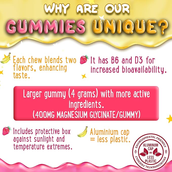 Magnesium Glycinate Gummies 400mg - Magnesium for Sleep, Calm, Relax & Muscle Relief with B6 & D3 and No Melatonin - Family-Friendly for Kids, Teens & Adults - Vegan & Non-GMO Supplement - 120 Count