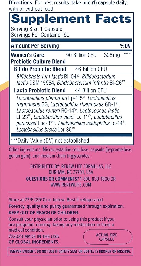 Renew Life Women's Probiotic Capsules, Supports pH Balance for Women, Vaginal, Urinary, Digestive and Immune Health, L. Rhamnosus GG, Dairy, Soy and Gluten-Free, 90 Billion CFU - 60 Ct