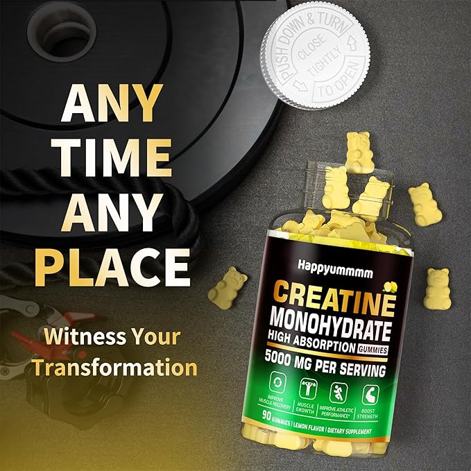 Creatine Monohydrate Gummies 5g for Men Women - Sugar Free Chewable Supplement. 180 Gummies Lemon.