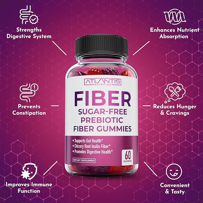 Atlantis Nutrition Sugar Free Fiber Gummies for Adults - 5G Fiber Supplement Formulated with 5.4G Prebiotic Digestive Blend - Supports Gut Health & Promotes Healthy Digestion - 2-Pack 120 Gummies