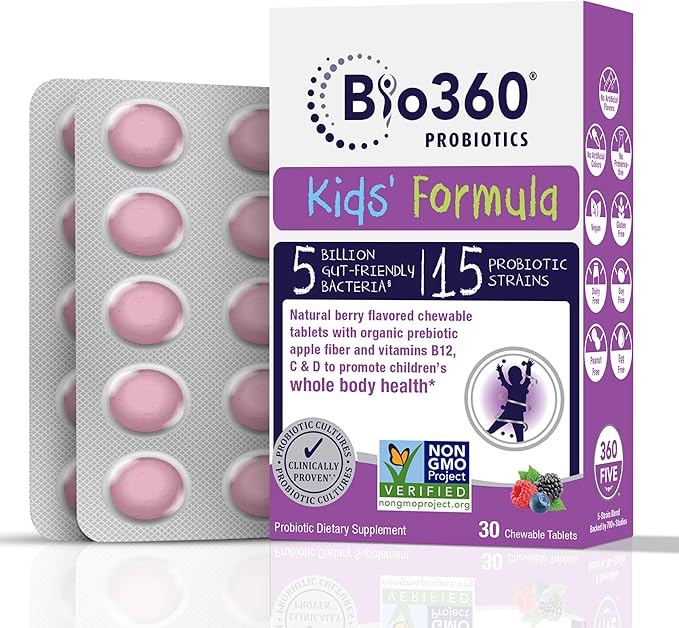 Kids Probiotic Supplement, Daily Support for Kid's Gut, Immune, Brain & Whole Body Health, 15 Strains 5 Billion CFU, Organic Prebiotic Apple Fiber, 30 Chewable Mixed Berry Flavor