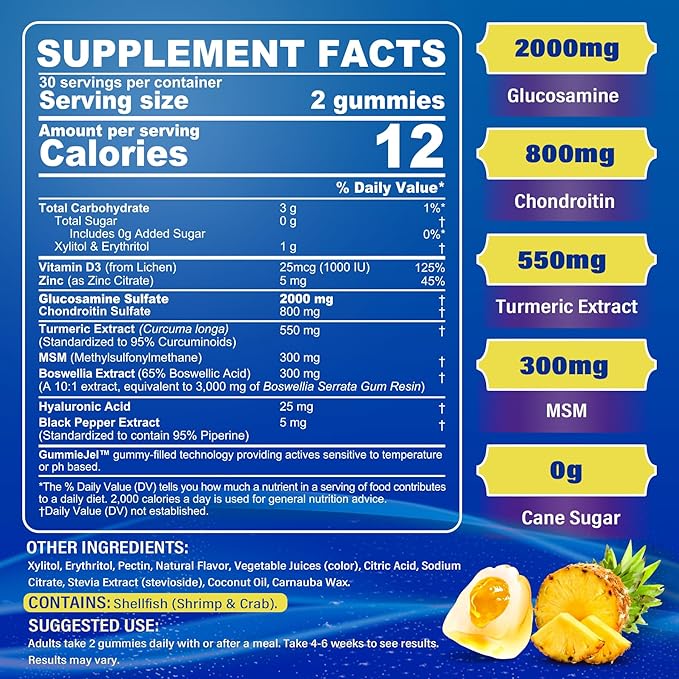 Sugar Free Glucosamine Chondroitin MSM Filled Gummies 3100mg -Joint Support Supplement - Plus Turmeric, Boswellia, Hyaluronic Acid & Vitamin D3, Mobility, Comfort, Flexibility & Bone Support, 120Cts
