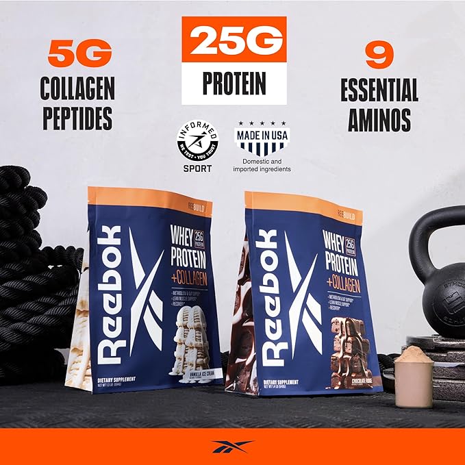 Reebok ReeBuild Whey Protein + Collagen | 25g Protein, 9 Essential Amino Acids | Muscle Growth, Joint Health, Gut Support | Post Workout Recovery Powder | Chocolate Fudge