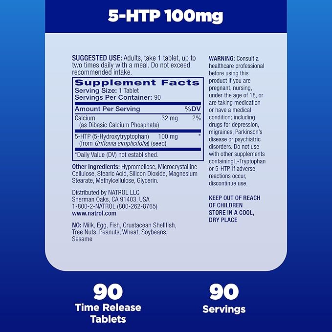 Natrol 5-HTP 100mg, Dietary Supplement Helps Support a Balanced Mood, Mood and Stress Support Supplement, 90 Time Release Tablets, 45-90 Day Supply