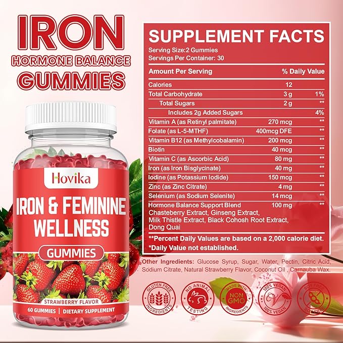 Iron for Women Gummies, 40mg Iron Supplement Anemia with multivitamin for Women, Zinc, Selenium, Iodine - for Iron Deficiency - Natural Hormonal Support for PMS, Strawberry Flavour, 2 Pack