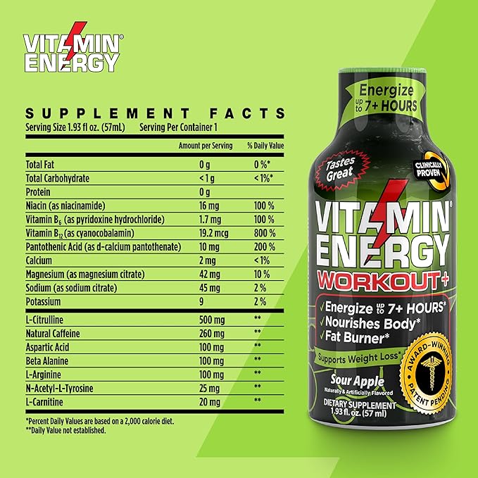 Vitamin Energy Pre Workout Drink - Keto Friendly Sugar Free Shots | Natural Clean Green Tea Caffeine with Proprietary Endurance Blend | Energize up to 7+ Hours - Sour Apple - 1.93 Fl Oz (Pack of 48)