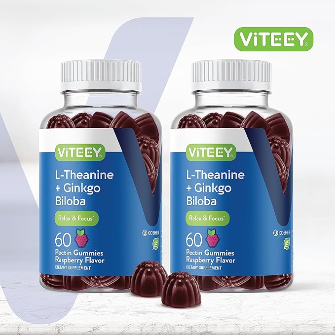 L-Theanine Gummies with Ginkgo Biloba for Adults - aids in Focus & Relax, Improve Mood - Non GMO, Gelatin Free, Vegan, Gluten Free, Naturally Sourced Chewable Tasty Raspberry Flavored Gummy