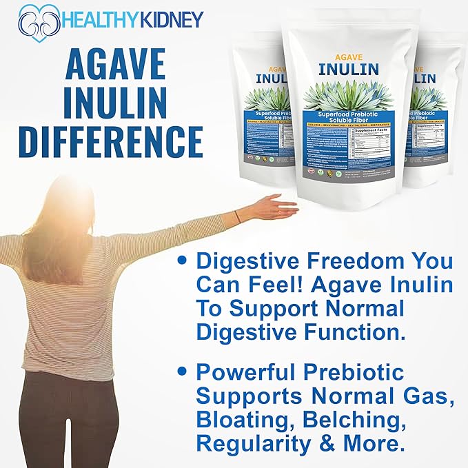 Inulin Powder (48oz/3 lbs) Gentle Agave Prebiotic Soluble Fiber Supplement for Digestive Support, Gut Health, Vegan Baking, Smoothies & Drinks