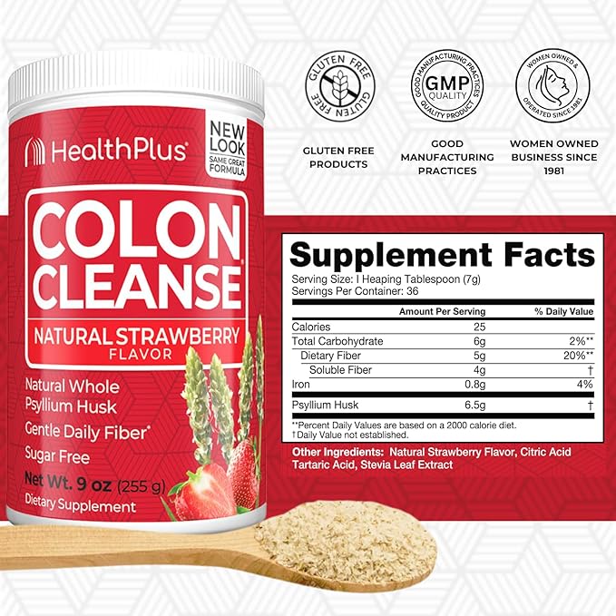 Health Plus Colon Cleanse Digestive Support | Natural Sweetener without Artificial Flavors | Daily Fiber for Toxin Elimination To Reduce Bloating | Strawberry Flavor | 9 Ounces, 36 Servings