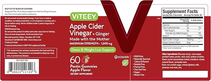 Apple Cider Vinegar Gummies 1,000mg Plus Ginger, ACV with The Mother, Detox Cleanse for Weight Loss and Immune Support, Vegan, Gluten Free, Gelatin Free, GMO Free - Chewable Apple Flavored Gummy