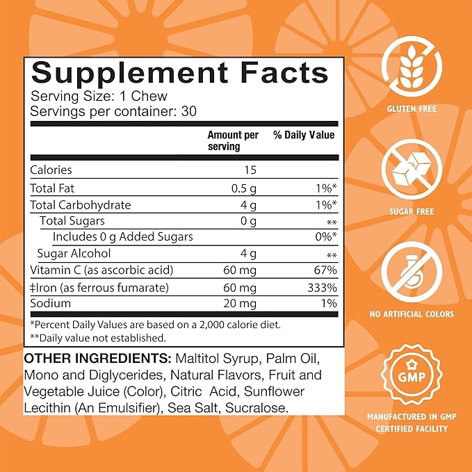 Celebrate Vitamins Iron Supplement with Vitamin C - 60mg Iron, 60mg Vitamin C, Bariatric Vitamins for WLS Patients, Vertical Sleeve & Gastric Bypass Surgery - Citrus, 30 Soft Chews