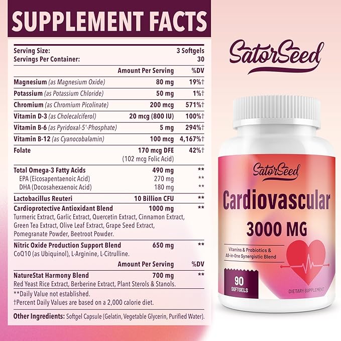 Cardiovascular Supplement 3000MG Multi-Vitamins, Probiotics, Omega-3 & CoQ10 Synergistic Blend for Adults (2 Bottle)