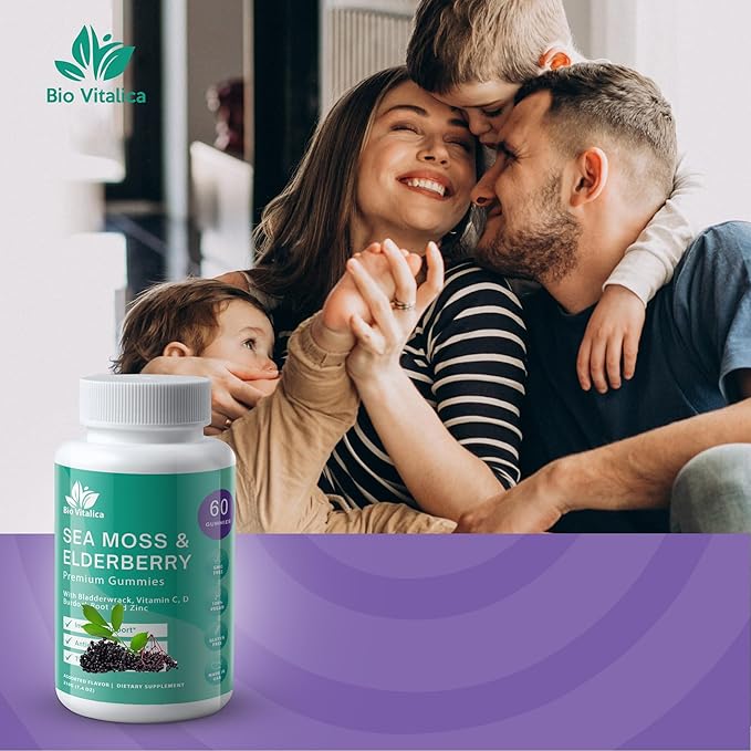 BIO VITALICA Sea Moss Gummies Elderberry BioVitalica - Vitamin C D + Zinc - Irish Seamoss Vegan Gummy with Sea Moss Gel & Powder for Immunity, Detox - for Adults and Kids