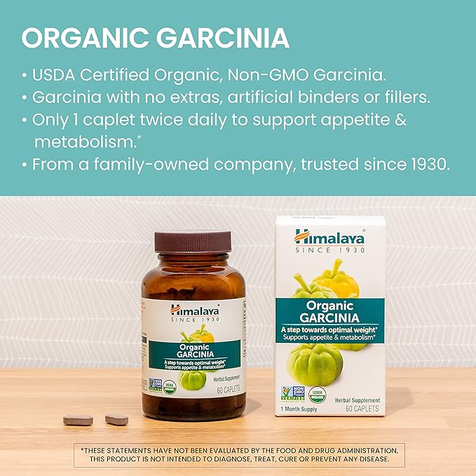 Himalaya Organic Garcinia Cambogia Herbal Supplement, Appetite Control, Lipid Metabolism, Weight Support, USDA Organic, Non-GMO, Vegan, 600 mg, 60 Plant-Based Caplets, 30 Day Supply