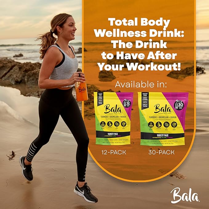BALA Hydration Turmeric Drink Mix Packet | Sugar-Free Electrolyte Powder, Muscle Recovery, Immune Support, Joint Relief | Plant-Based Enzymes, Bromelain - Variety 1 Count(Pack of 12)