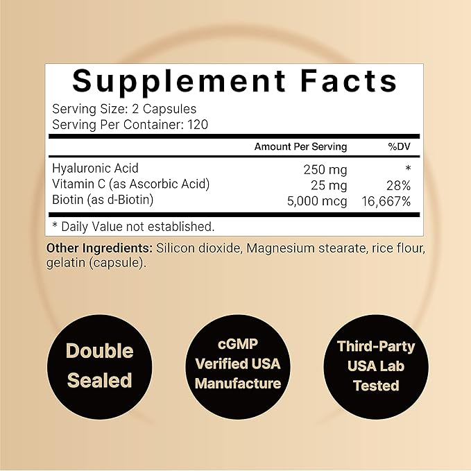 NatureBell 2 Pack Plant Based Hyaluronic Acid Supplements 250mg with 25mg Vitamin C & Biotin 5000mcg, 480 Total Capsules | Essential for Hair Growth, Joint Support, & Hydrating Skin | Non-GMO