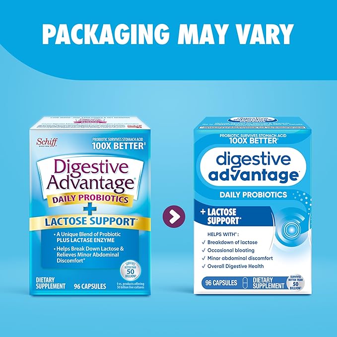 Digestive Advantage Probiotics + Lactase Digestive Enzymes For Digestive Health, Daily Probiotics For Women Men Occasional Bloating, Lactose Breakdown, Minor Abdominal Discomfort, Immune Support, 96ct