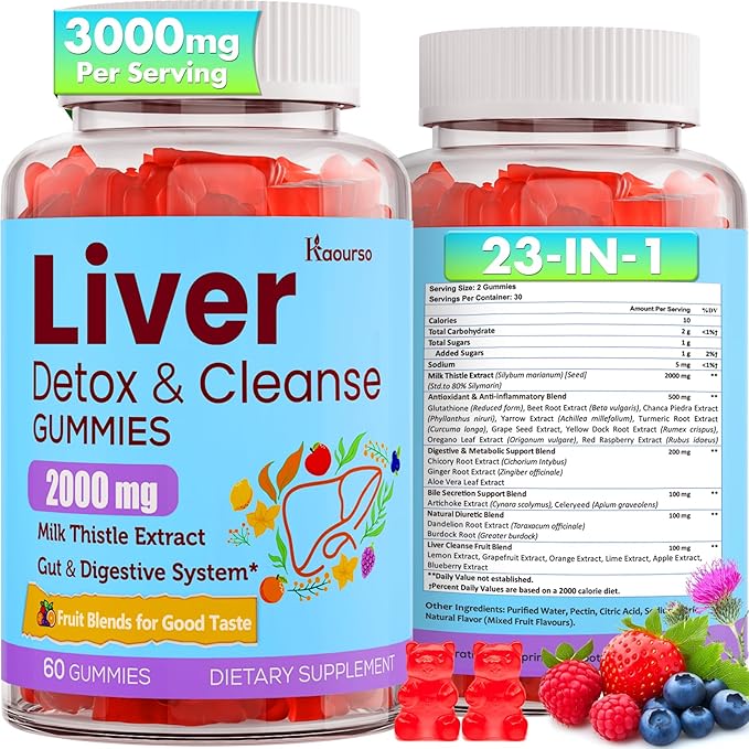 3000mg Liver Cleanse Detox & Repair Gummies | Milk Thistle 2000mg with Turmeric Dandelion Root & Artichoke for Liver Detox, Liver Support & Renew, Antioxidant, Gut, Skin - Fruit Flavor, 60 Gummies