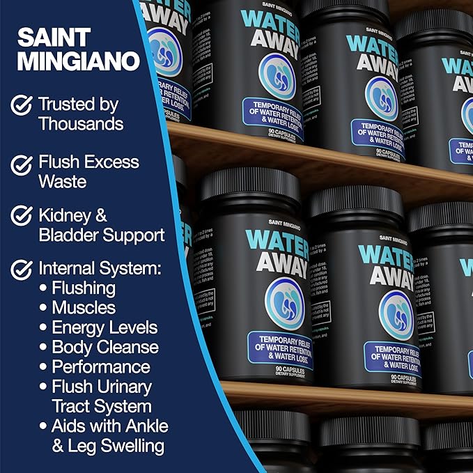 Water Away - Water Retention and Flushing, Aids in Water Relief & Water Loss for Swollen Ankles Feet, Legs or Bloating - Fast Acting Water Away Pills for Women and Men (90 Capsules)
