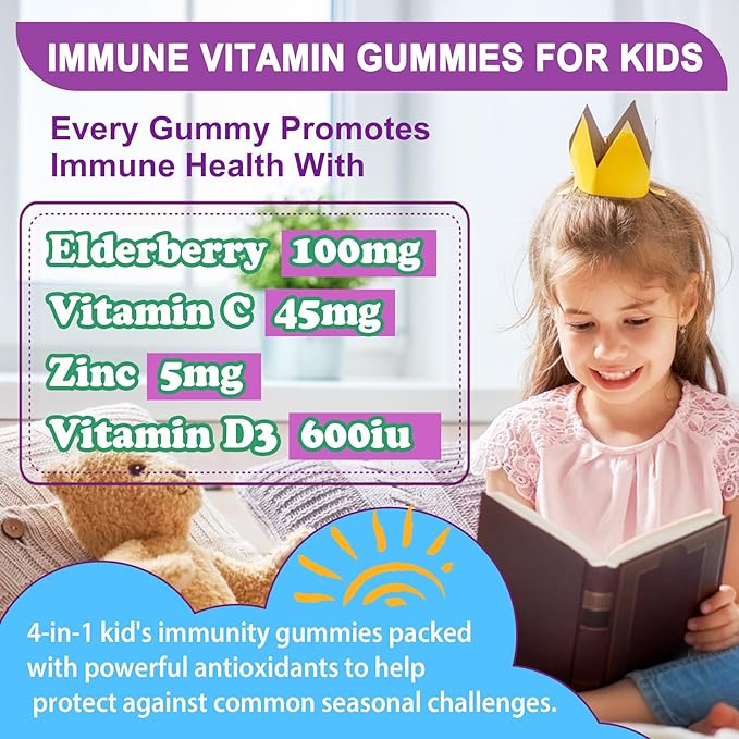 Kid Vitamin C Gummies With Zinc D3, Elderberry, Probiotics & Prebiotics, Sugar Free Immune Gummies for Kids 4+, Childrens Vitamins Supplement for Immune & Digestive Health, Powerful Antioxidant, 60cts