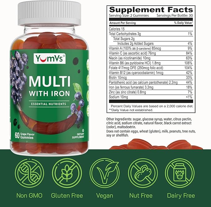 YumVs Multivitamin Gummies with Iron - Grape Flavor - Vegetarian Kosher Multi Vitamins for Adults with Vitamin A C B6 B12 Biotin Zinc - No Calcium - Mens/Womens Multivitamin with Iron Gummy (60 Count)
