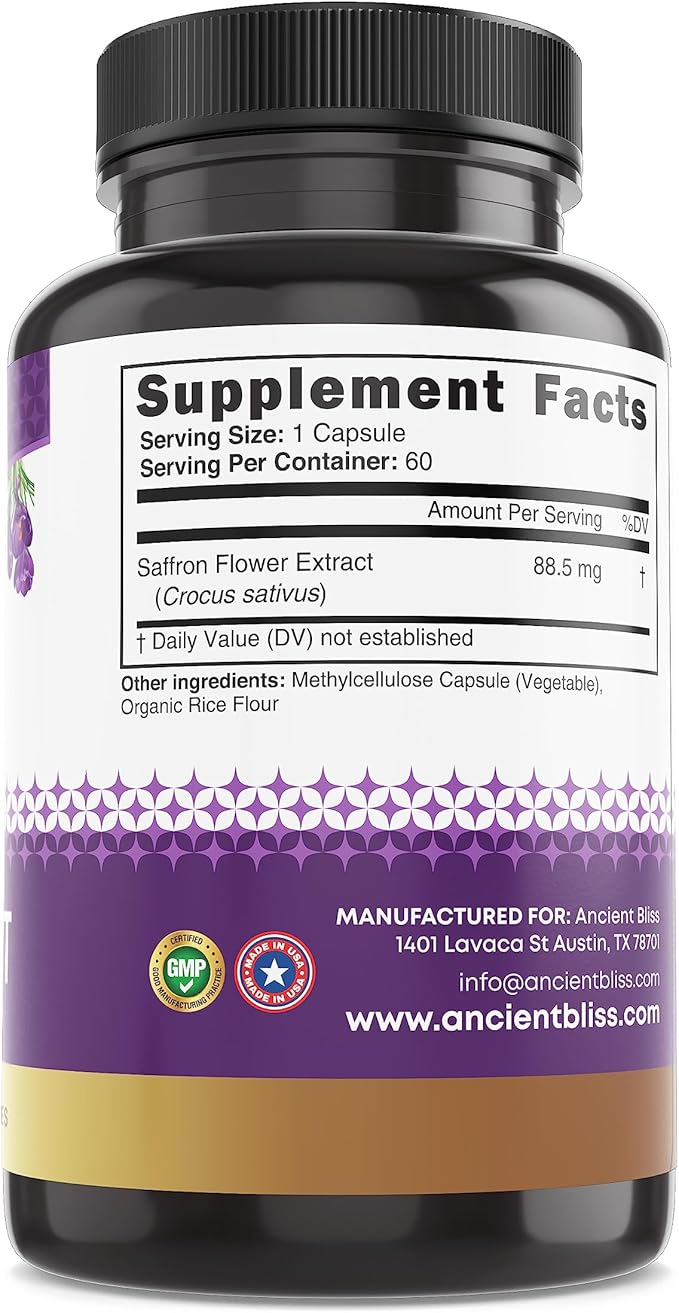 Ancient Bliss Saffron Extract Capsules Mood & Eye Support Supplement, Saffron Extract Appetite Suppressant Weight Management for Women & Men (60 Capsules)