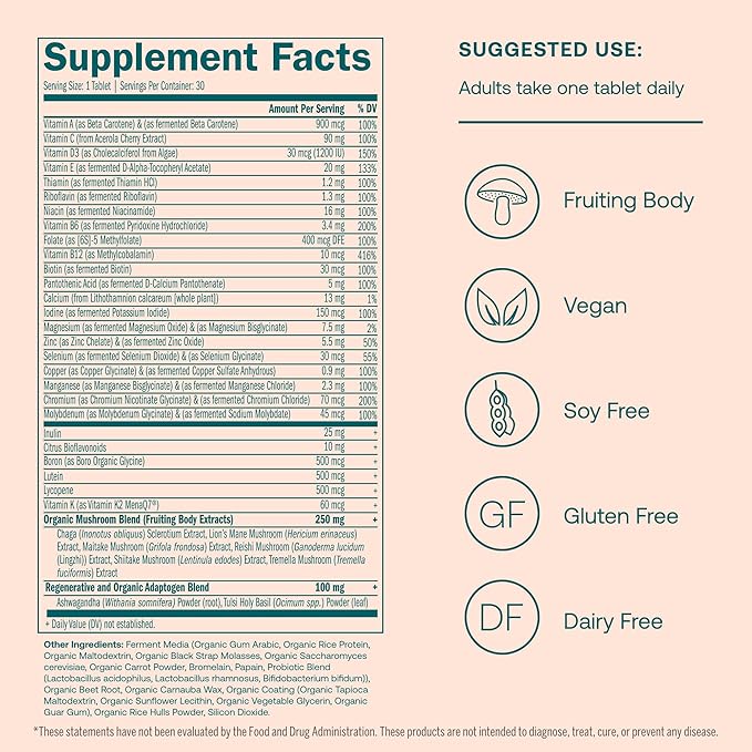 True Grace One Daily Women’s Multivitamin 40+ Fermented Minerals, Organic Adaptogens & Mushrooms Energy, Immune, Bone, Heart Support - Iron Free, Non-GMO, Gluten Free, Soy Free - 30 Vegan Tablets
