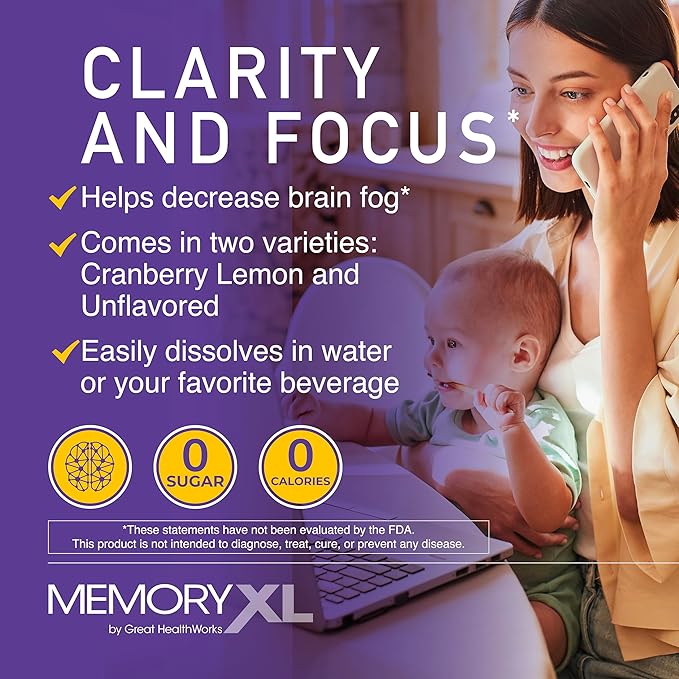 MemoryXL, Magnesium L-Threonate: Brain Supplement for Memory & Focus; Magtein®, Phosphatidylserine, Vitamin Mix. Improves Memory Focus Attention Learning & Logic. 0 Sugar, 0 cal, 30pk Unflavored