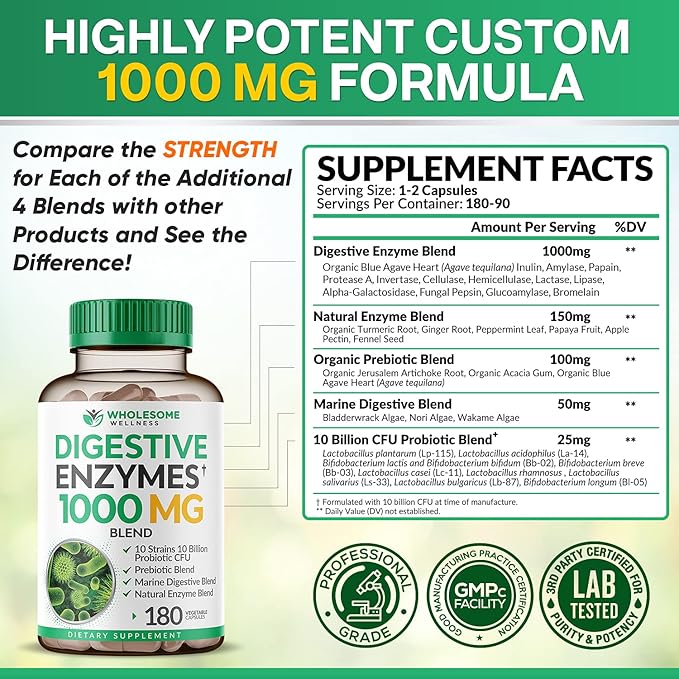 Wholesome Wellness Digestive Enzymes 1000MG Plus Prebiotics & Probiotics Supplement, 180 Capsules, Organic Plant-Based Vegan Formula for Digestion & Lactose with Amylase & Bromelain,3-6 Months Supply