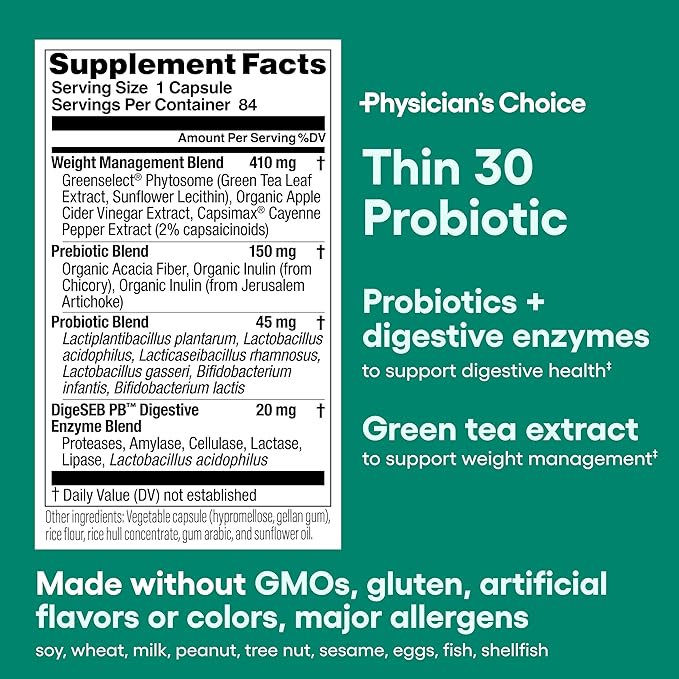 Physician's CHOICE Probiotics for Weight Management & Bloating - 6 Probiotic Strains - Prebiotics - Key ingredient Cayenne & Green Tea - Supports Gut Health - Weight Management for Women & Men - 84 CT