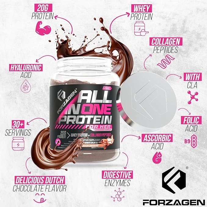 Forzagen All in One Protein for Her | Womenâs Protein Powder with Multi Collagen Peptides | Hydrolyzed Collagen Supplement, Gut Health, Great for Pre & Post Workout | Dutch Chocolate, 30+ Servings
