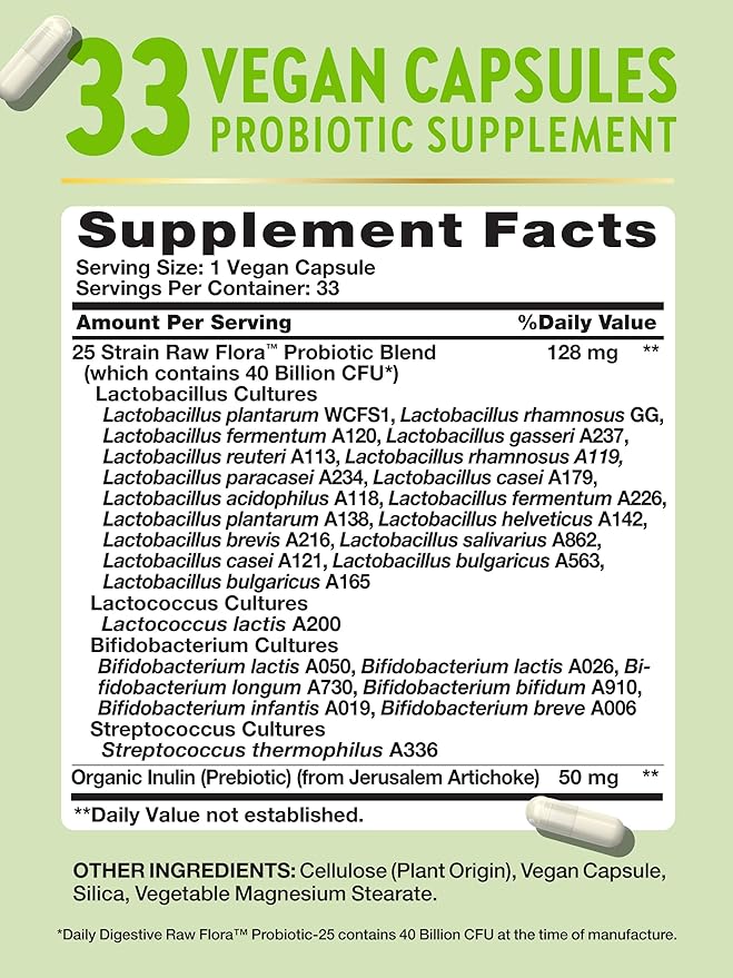 Raw Flora Probiotic with Prebiotics | 40 Billion CFU | Daily Digestive Vegan Capsules | Gluten Free Supplement for Men and Women | by Nature's Truth