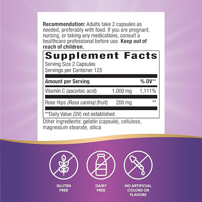 Nature's Way Vitamin C with Rose Hips - Powerful Antioxidant Protection* - Supports Immune Function* - Strengthens Collagen for Healthy Skin* - Gluten Free - 250 Capsules