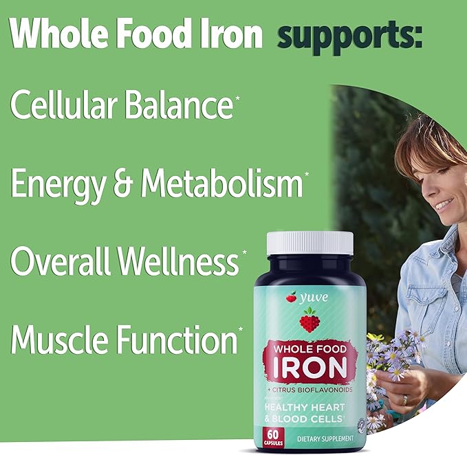 Yuve Whole Food Chelated Iron 18 mg Supplement - Formulated for Maximum Absorbption - Supports Healthy Heart & Blood Cells - Boosts Energy & Cognitive Functions - Vegan, Non-GMO, Gluten-Free - 60 Caps